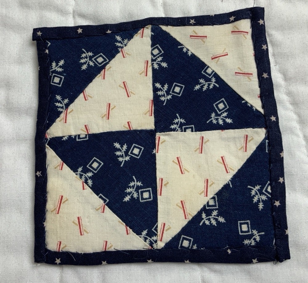 Antique Patchwork Quilt Table Topper Or Doll Quilt, Four Patch W/ Triangles, Sm
