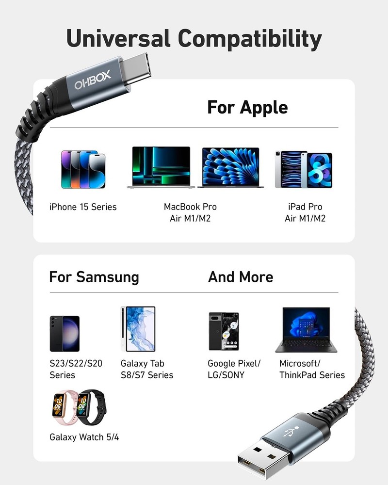 USB to C Cable 60W Fast Charging [2 Pack 6FT], A C 6FT, Grey