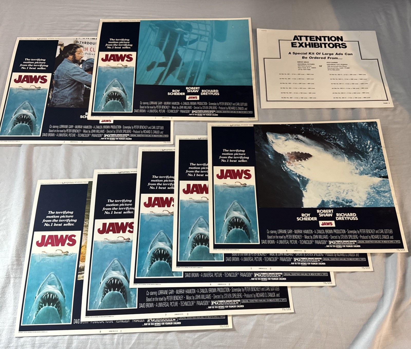 JAWS Original 1975 Movie Deluxe Lobby Cards Near Set 7 Of 8 11x14 + Promo Packet
