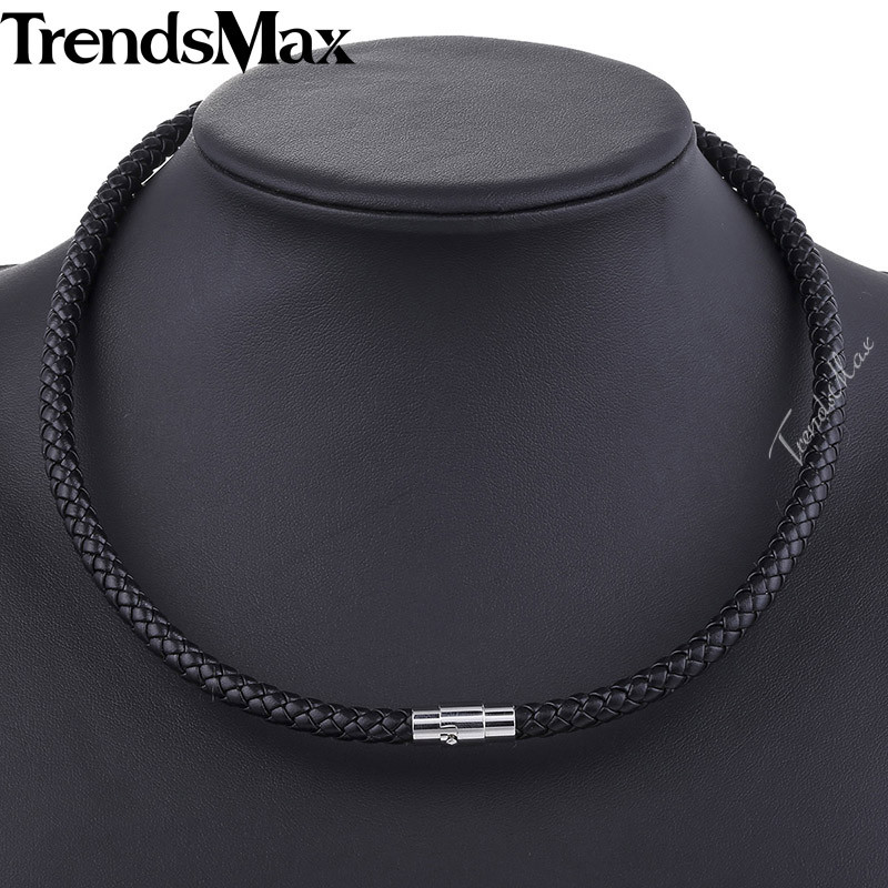 4/6/8mm 16"-36" Black Braided Leather Cord Necklace Choker Steel Magnetic Clasp