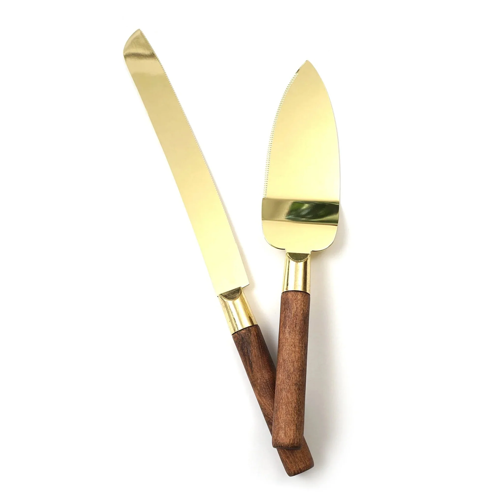 Wood and Gold Cake Serving Set