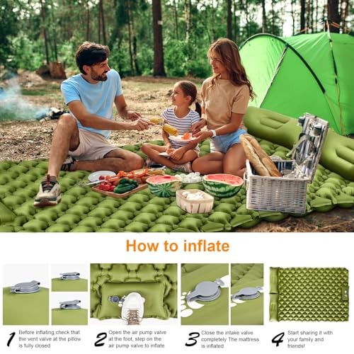 Double Sleeping Pad, Ultralight 4" Extra-Thick Self Inflating Army Yellow