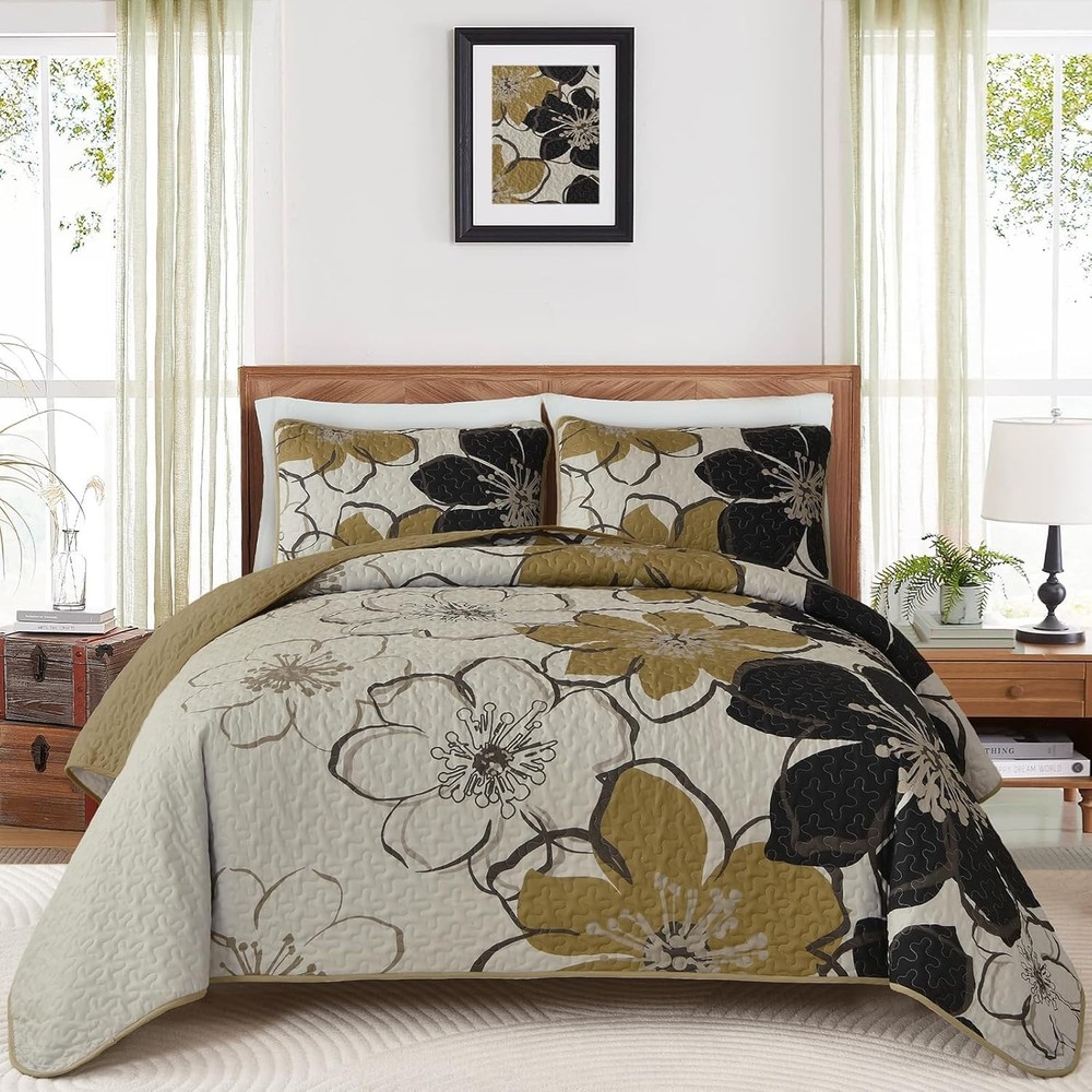 Reversible Microfiber Floral Quilt Set - Lightweight Queen Bedding Ensemble