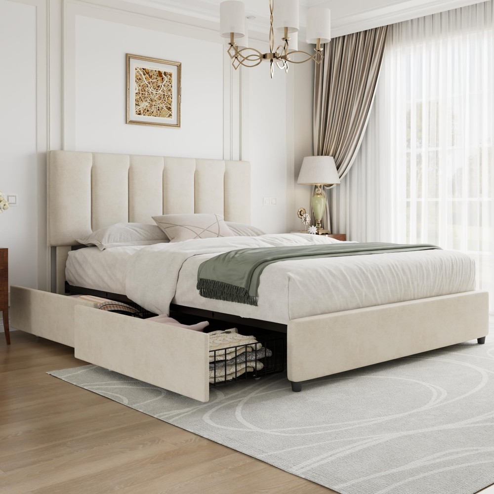 Queen Size Bed Frame with 4 Storage Drawers, Adjustable Height Headboard, Hea...