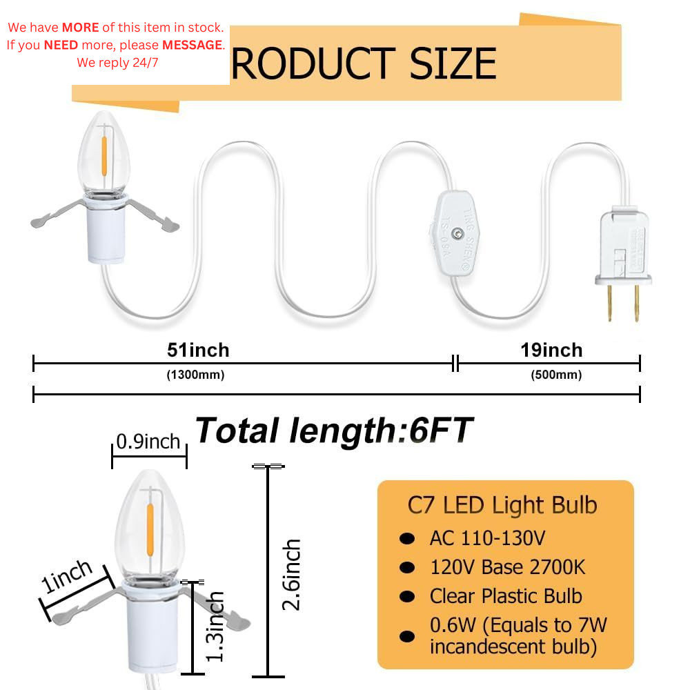 4 Pack 6Ft White Accessory Cord with C7 LED Bulbs, E12 Socket