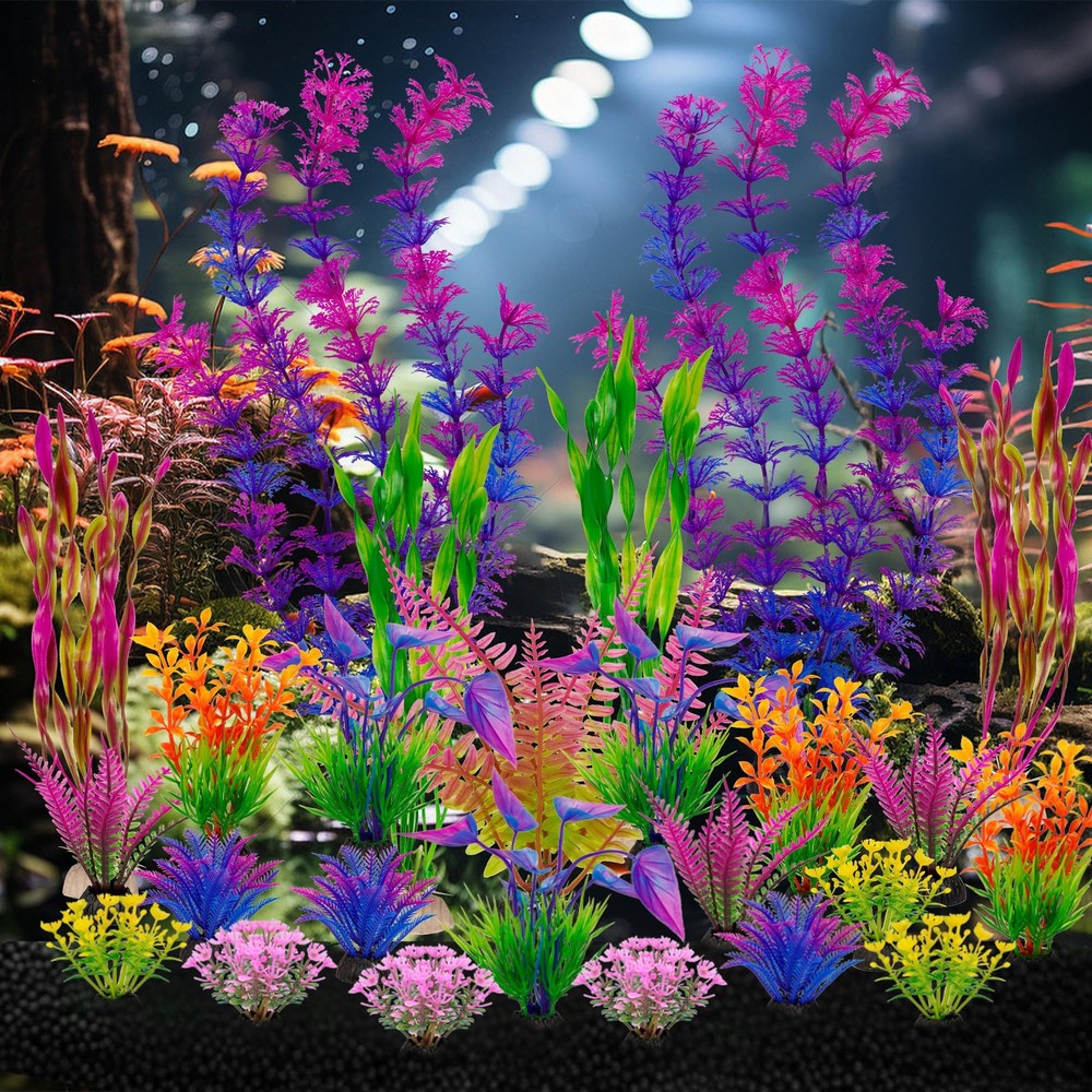 Ameliade Fish Tank Artificial Plastic Plants Decorations Large Tall, Colorful