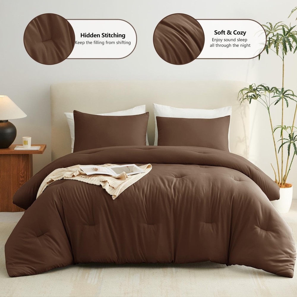 Queen Comforter Set Brown, 3 Pieces Solid Comforters Queen Size Breathable Qu...