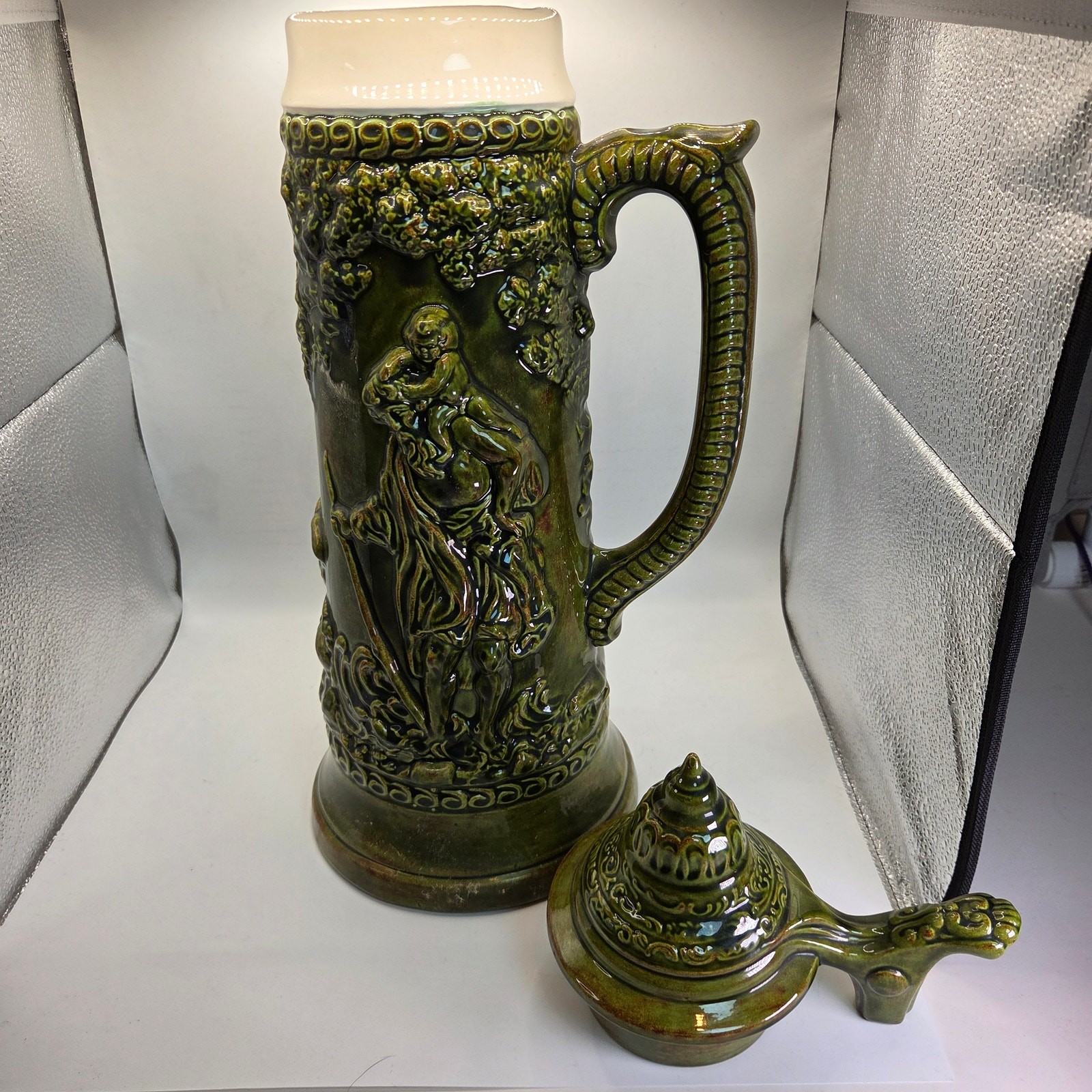 Large 17″ German Style Beer Stein Signed Sam Ceramic Relief with Lid