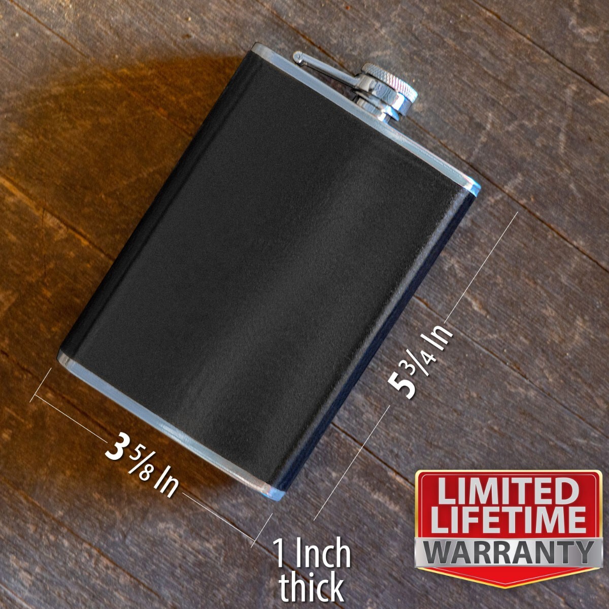 8oz Flask Black Vegan Leather Wrap Stainless Steel Attached Screw Cap Hip Pocket