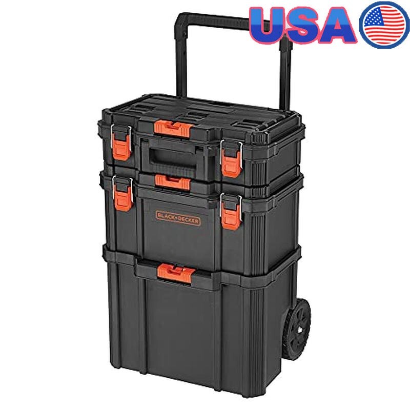 Stackable Storage System 3 Compartments Toolbox Rolling Tote Quick Access ‎Black