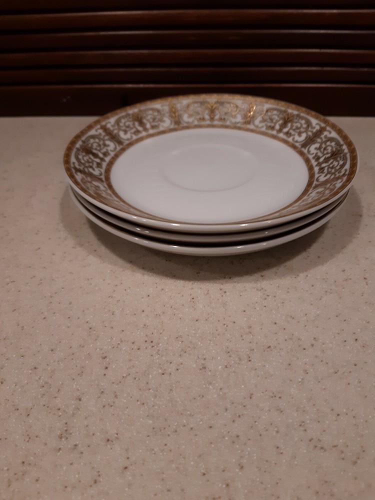 3 Royal Vienna Saucers Gold trim Pattern
