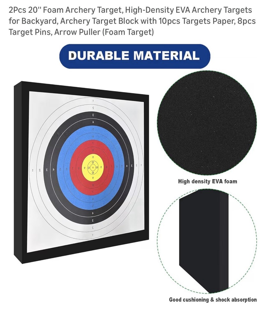 2PCS 20” EVA Archery Target Block w/ Papers, Pins & Arrow Puller
