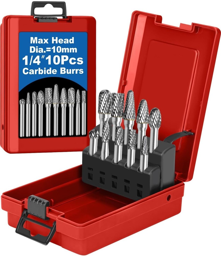 Professional Grade 10-Pc Die Grinder Bits in Red Box - Durable & Precise Cutting