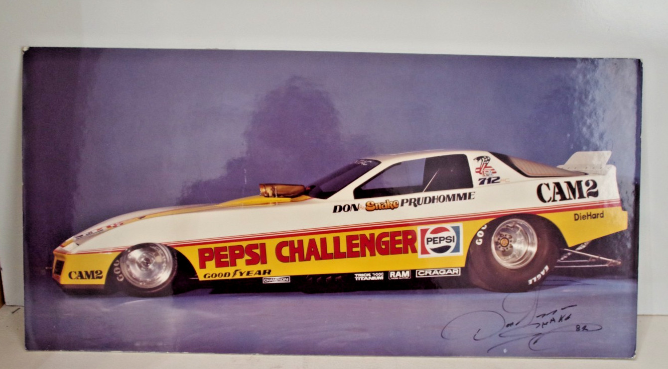 AUTOGRAPHED DON THE SNAKE PRUDHOMME NHRA FUNNY CAR PHOTO LARGE 20X10 ON BOARD