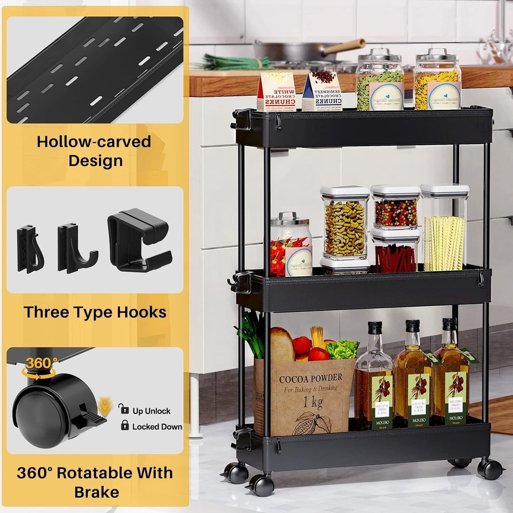 Slim Rolling Storage Cart, 3-Tier, Black, Multifunctional