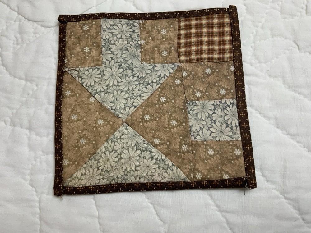 Antique Patchwork Quilt Table Topper, Early Calico Prints, Triangles, Brown