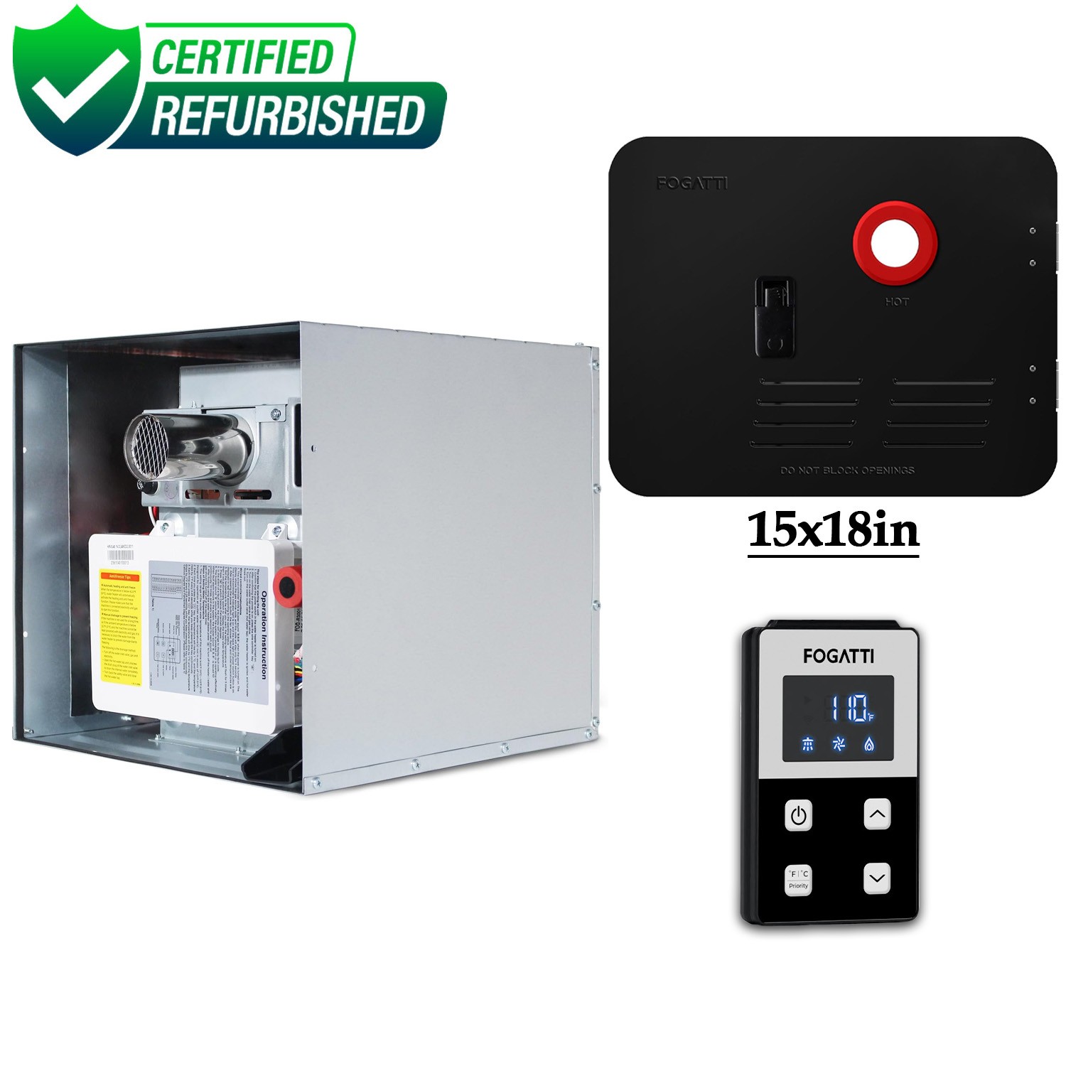 FOGATTI RV Tankless Water Heater InstaShower 7 with 15 x 18 in Black Door DC 12V