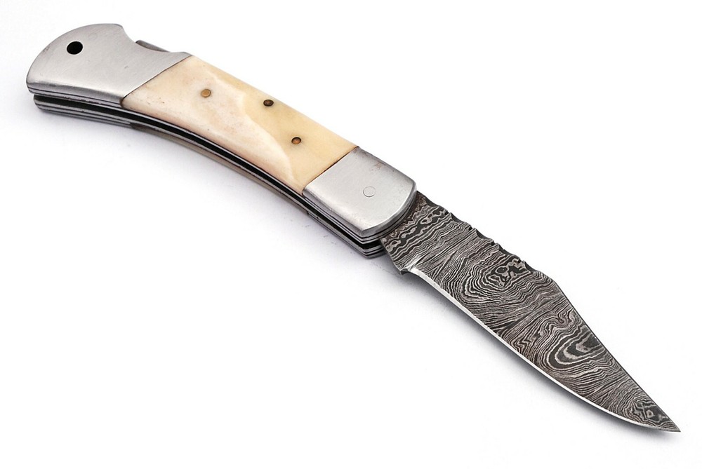 Handmade Damascus Folding Lock Back knife with Camel Bone Handle(CK1057)