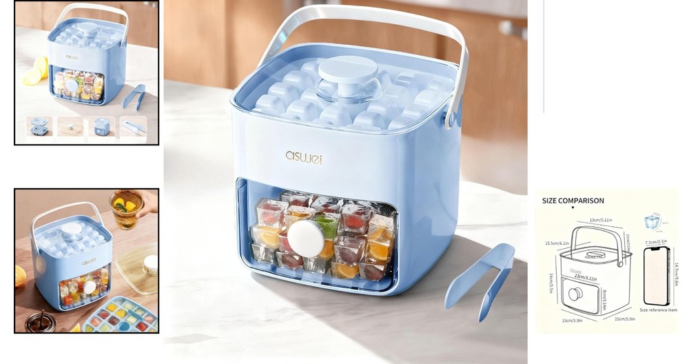 High-Capacity Ice Cube Tray Set with Portable Bin - Clean & Elegant Design