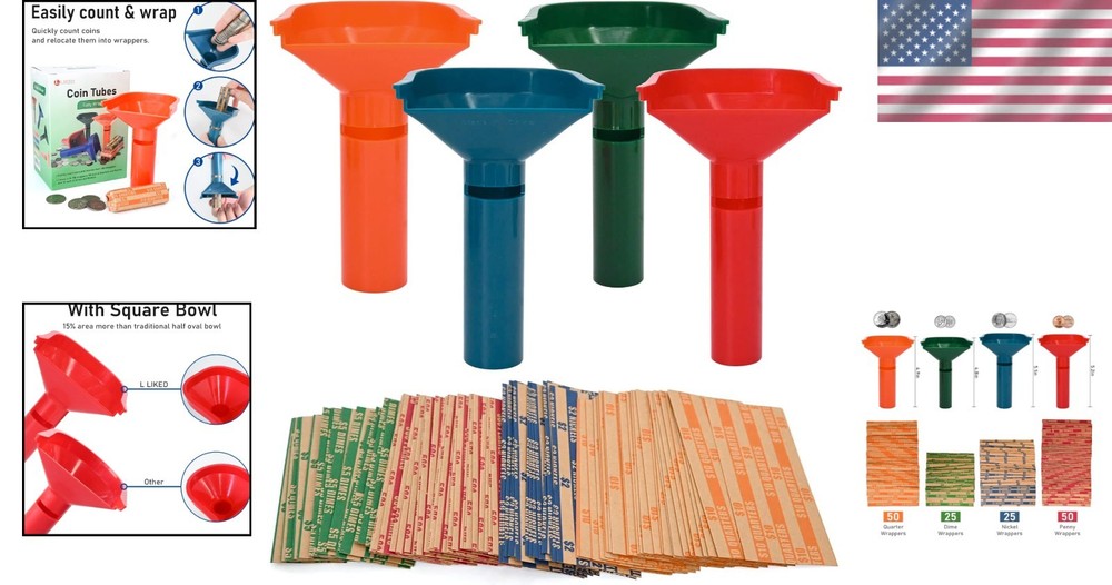 150 Color-Coded Assorted Coin Wrappers & 4 Coin Sorters for Efficient Counting