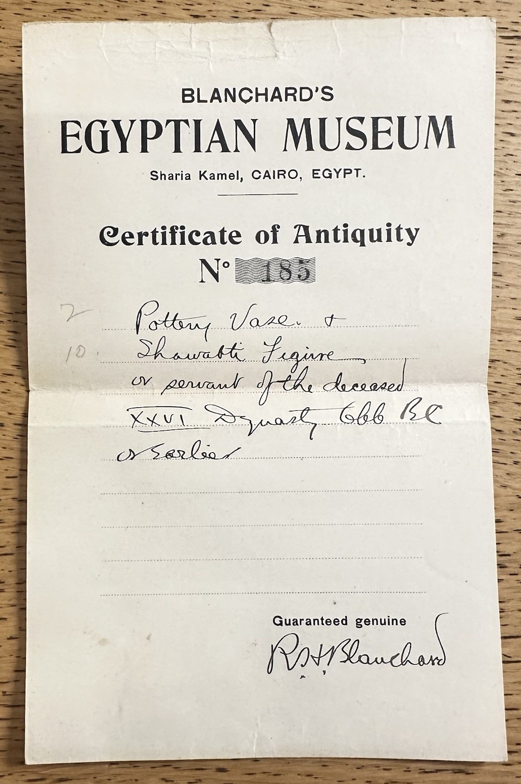 Blanchard’s Egyptian Museum SIGNED Ralph Huntington Blanchard Certificate Note