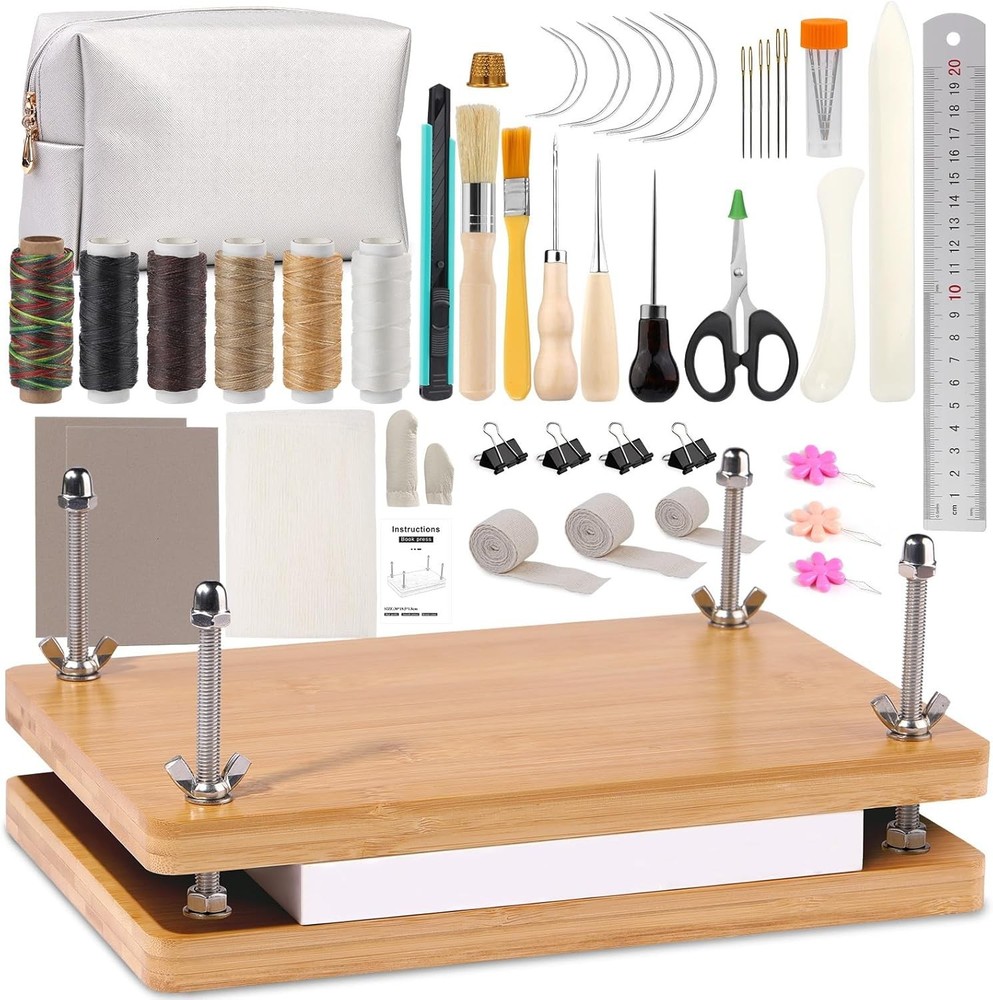 Classic Bookbinding Kit Featuring Press, Needles, and Various Binding Materials