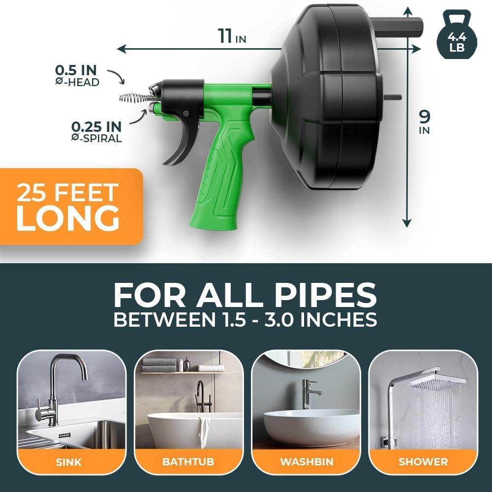 25FT Auto Feed Drain Snake - Sink & Drain Unblocking Tool