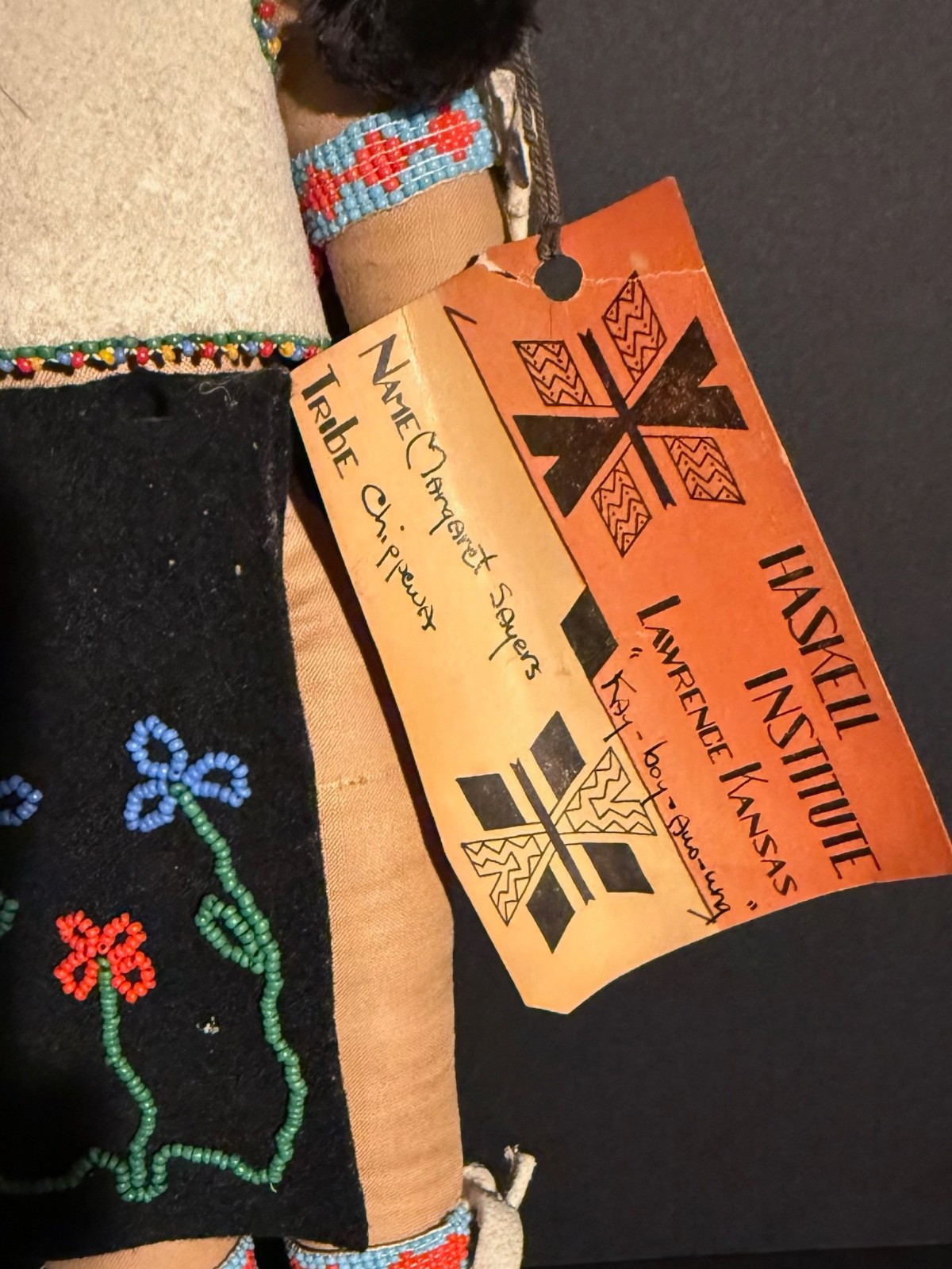 EXCEPTIONAL CHIPPEWA BEADED DOLL, “HASKELL INSTITUTE” TAG, DRAWN FACE, EXCELLENT