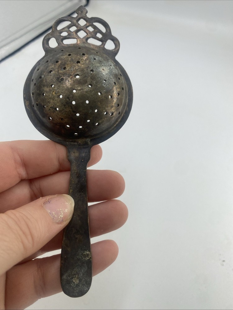 Antique Silver Plated Tea Strainer With Handle - Crown Design Needs Cleaned