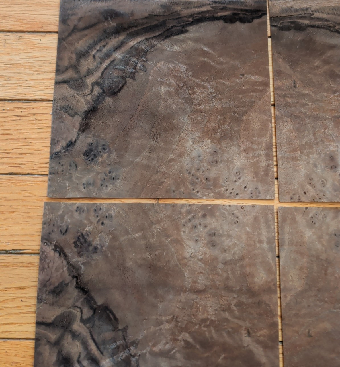 Walnut burl veneer 4 pieces 6" x 6 1/2" each wood 1/42" raw