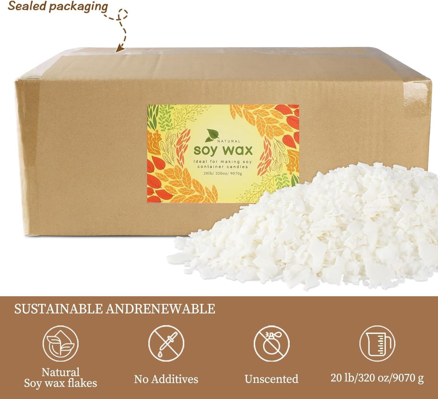 Bulk 20lb Natural Soy Wax for Candle Making - Easy Melt Unscented Flakes for ...