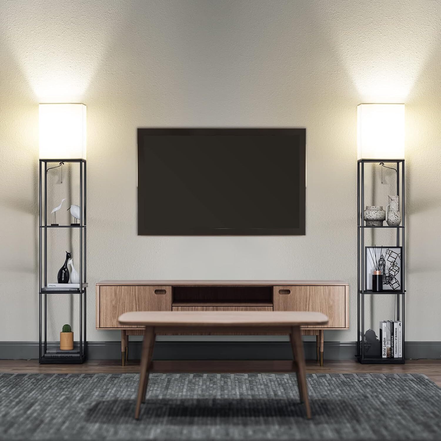 Floor Lamp with Shelves, Modern Square Standing Lamp & 3 Color Temperature Bulb