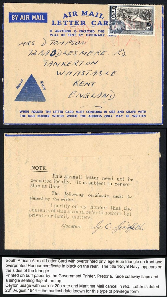 Ceylon Naval Issue (Privilege) 26 August 1944 Earliest Know for this type