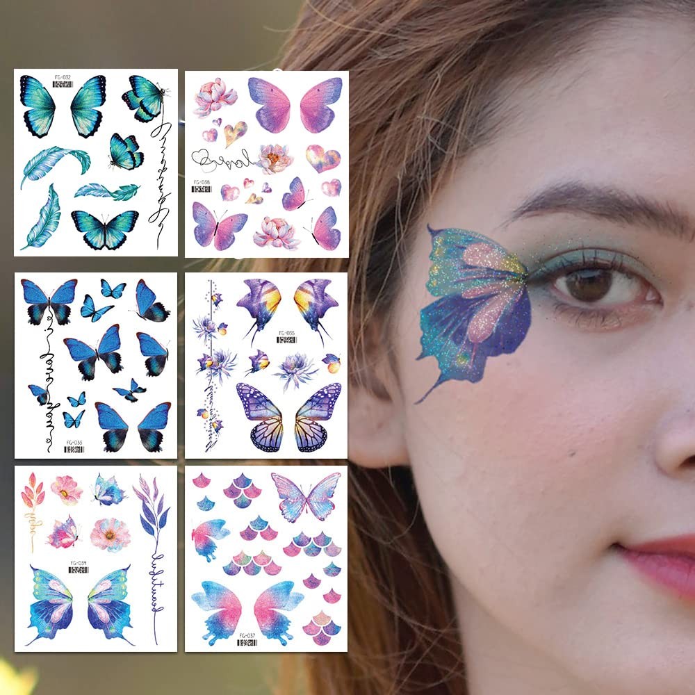 14 Sheets Glitter Butterfly Temporary Tattoos Sticker Small, Type1-Buterrfly