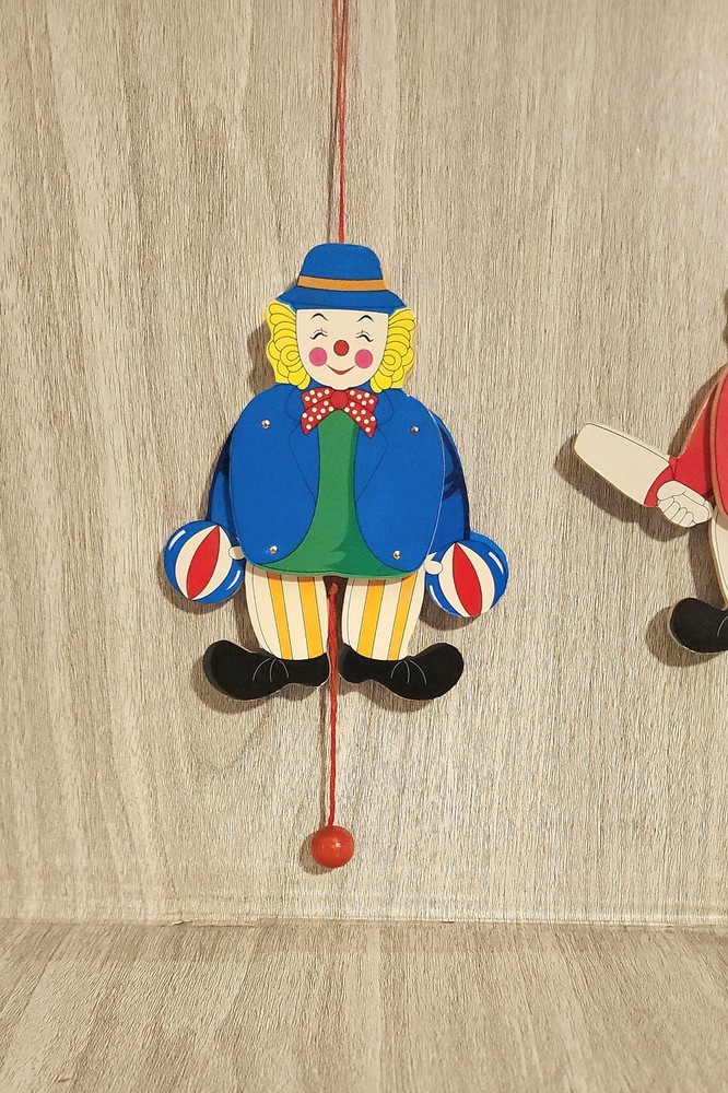 2 Vintage Pull String Jumping Jack Wooden Puppet Clowns Hand Painted