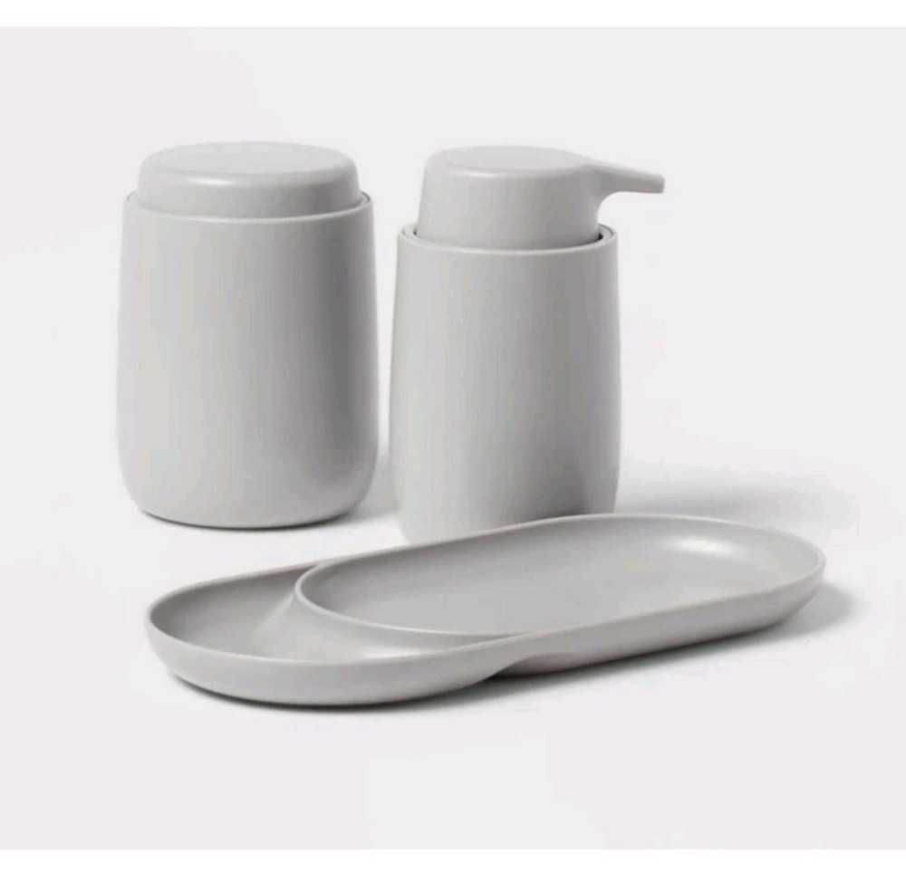 Room Essentials 3 piece Light Gray Bath Bundle Set: Pump, Canister, & Tray
