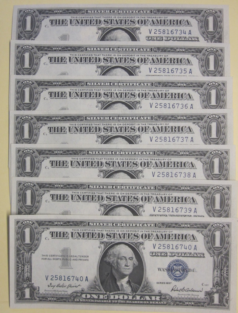 (2 Sets) 1957 $1 Silver Certificates Consecutive Serial Numbered Notes-Crisp UNC