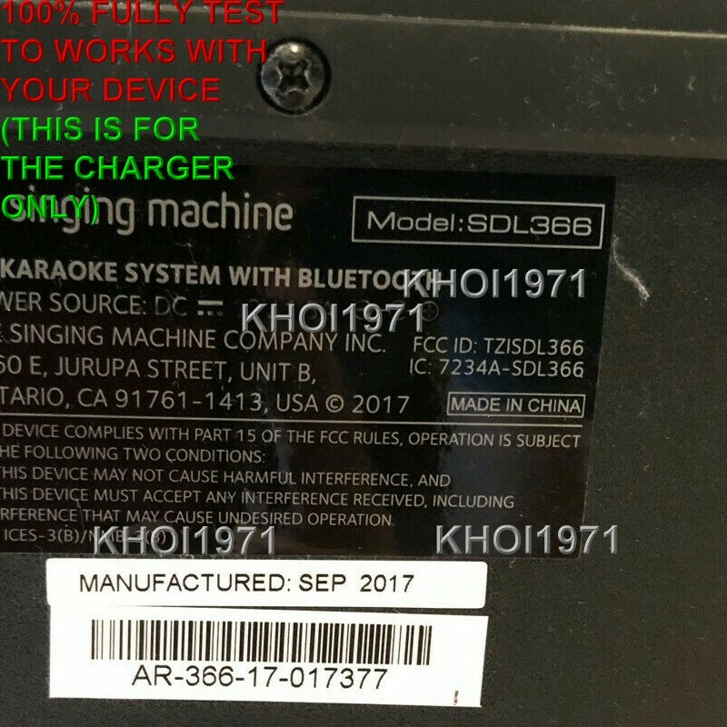 Wall AC adapter power cable for The SDL366 SINGING MACHINE Karaoke System
