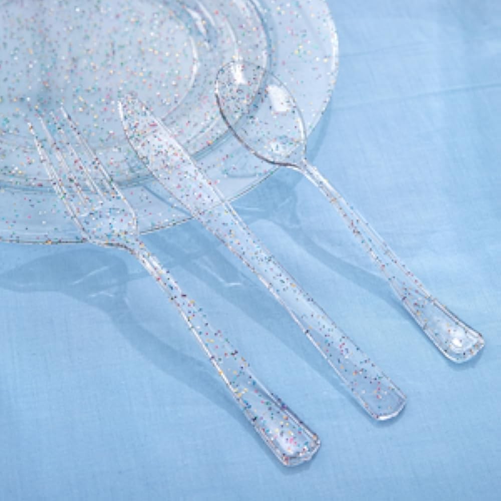 Rubtlp Glitter Plastic Plates with Glitter Disposable Sierware, Clear