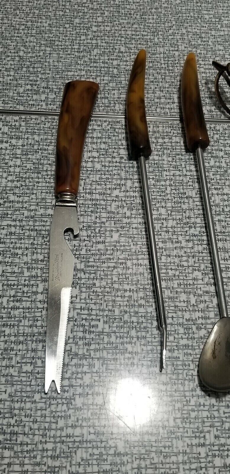 Vintage SET of 6 Barware UTENSILS Bar Tools Marbled BAKELITE HANDLES Sheffield