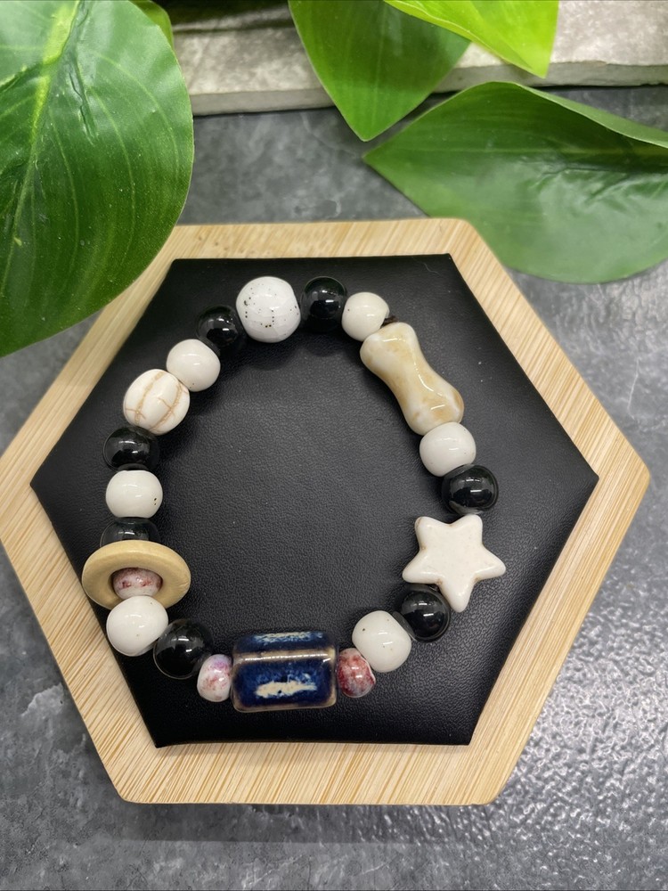 Handmade Ceramic Bead Beaded Stackable 6.25” Plus Stretch Bracelet New B323