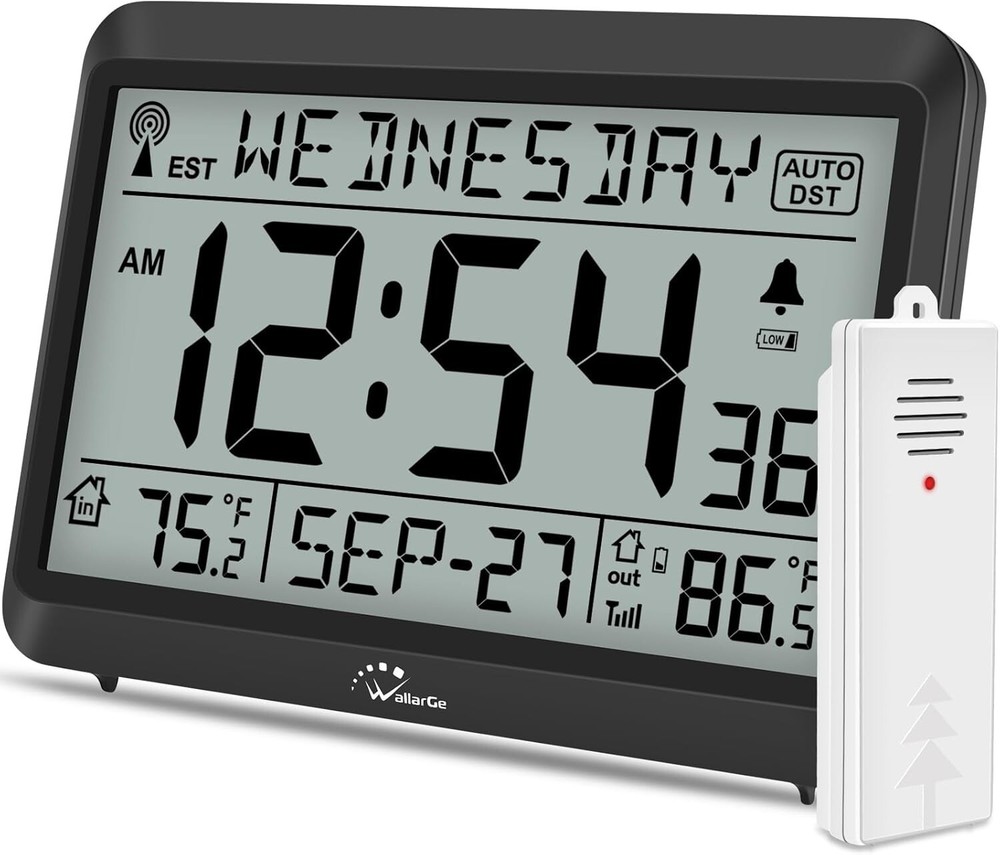 WallarGe Atomic Clock with Indoor Outdoor Temperature, Self-Setting Wall Clock