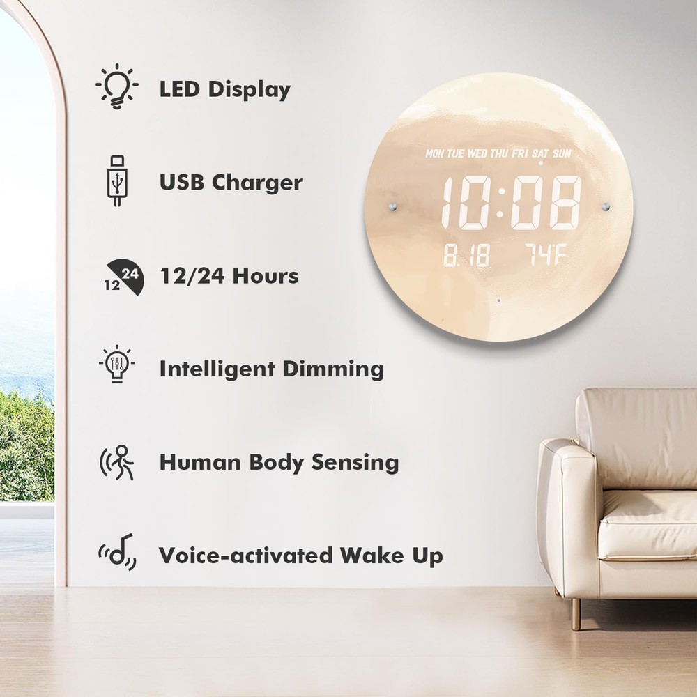 Digital Moon Wall Clock with Temperature/Time/Date, 12'' Modern Led Wall Cloc...