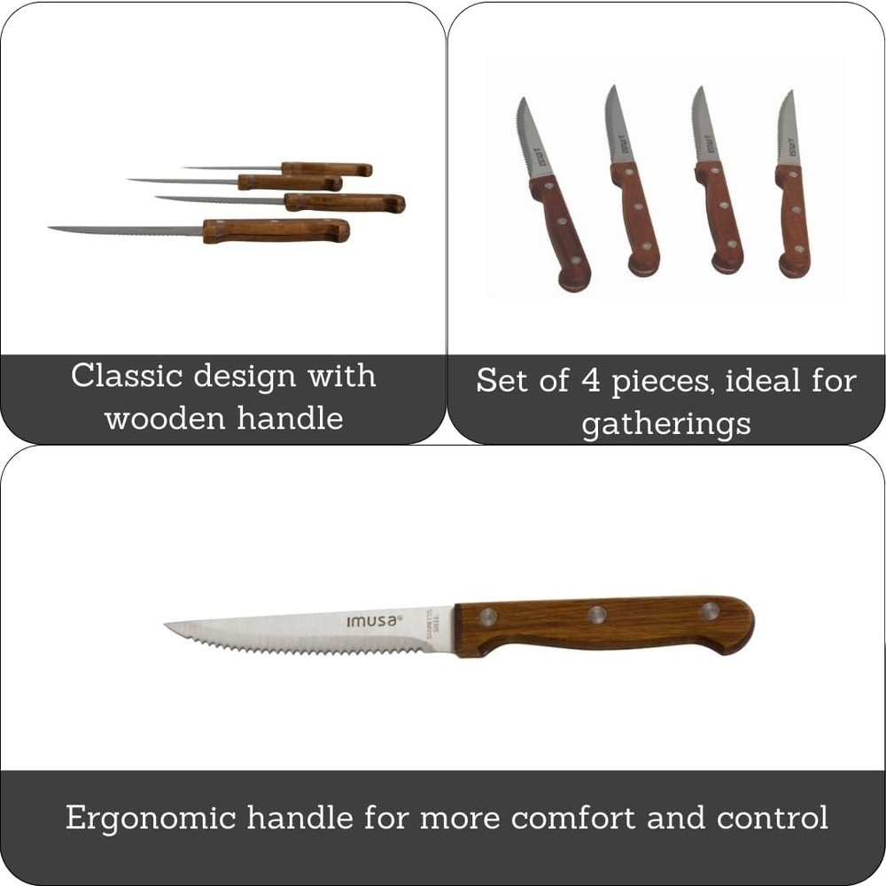 Experience Precision: 4pc Serrated Steak Knife Set with Rustic Wood Handles