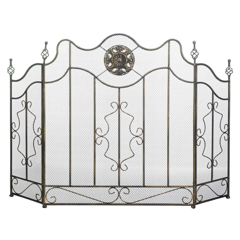 Victorian Black Fireplace Foldable Iron Screen 3 Panel Spark Ember Guard 32" H