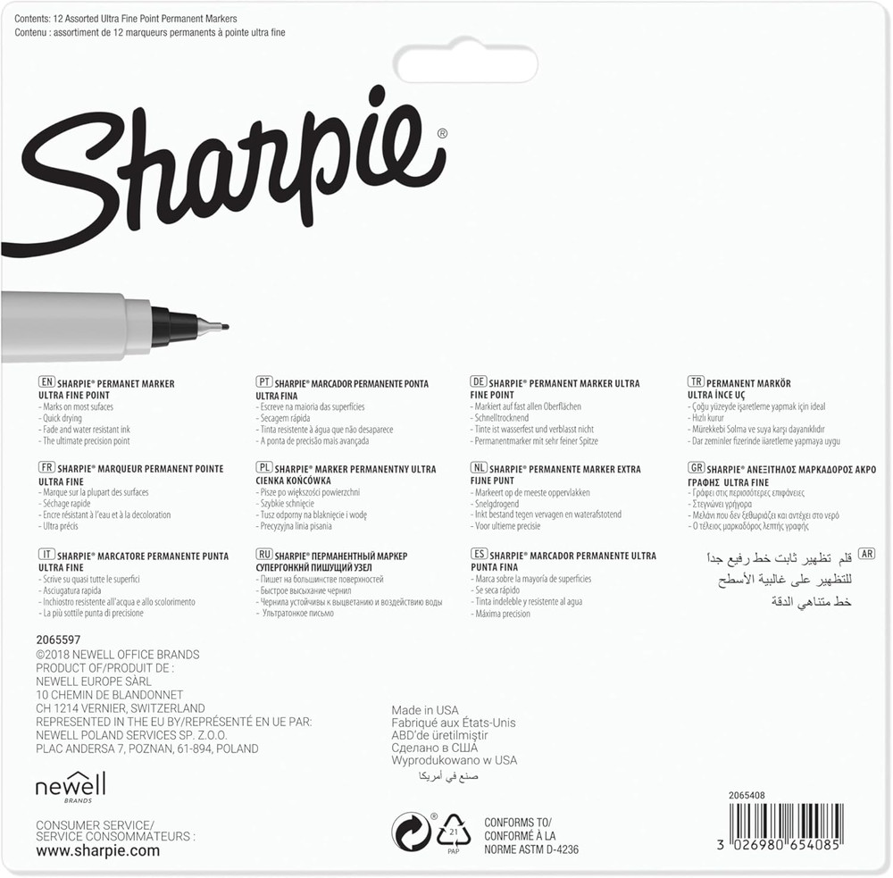 Sharpie Permanent Markers, Ultra Fine Point, Assorted Colors, 12 Count