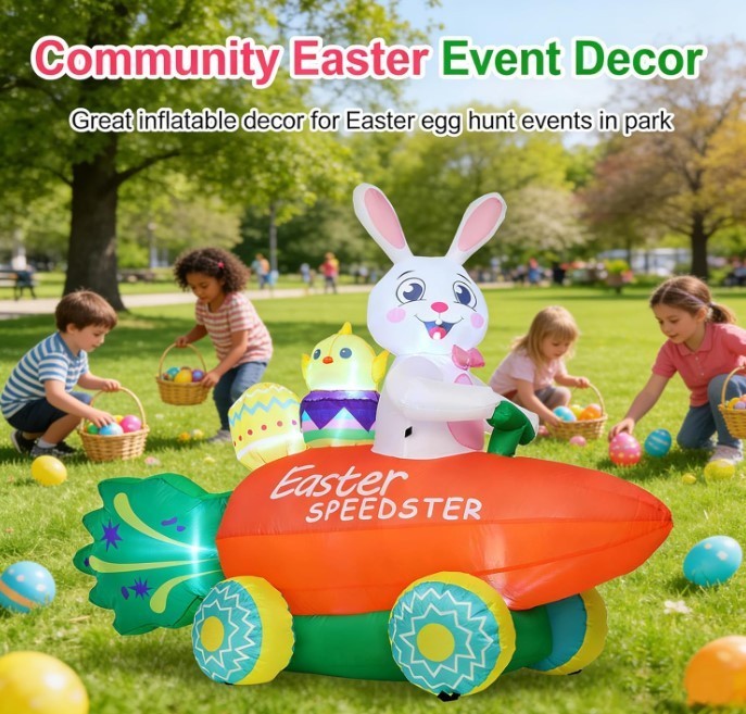 Inflatable Easter Bunny with Carrot Car and Easter Eggs, 6FT Easter Inflatables