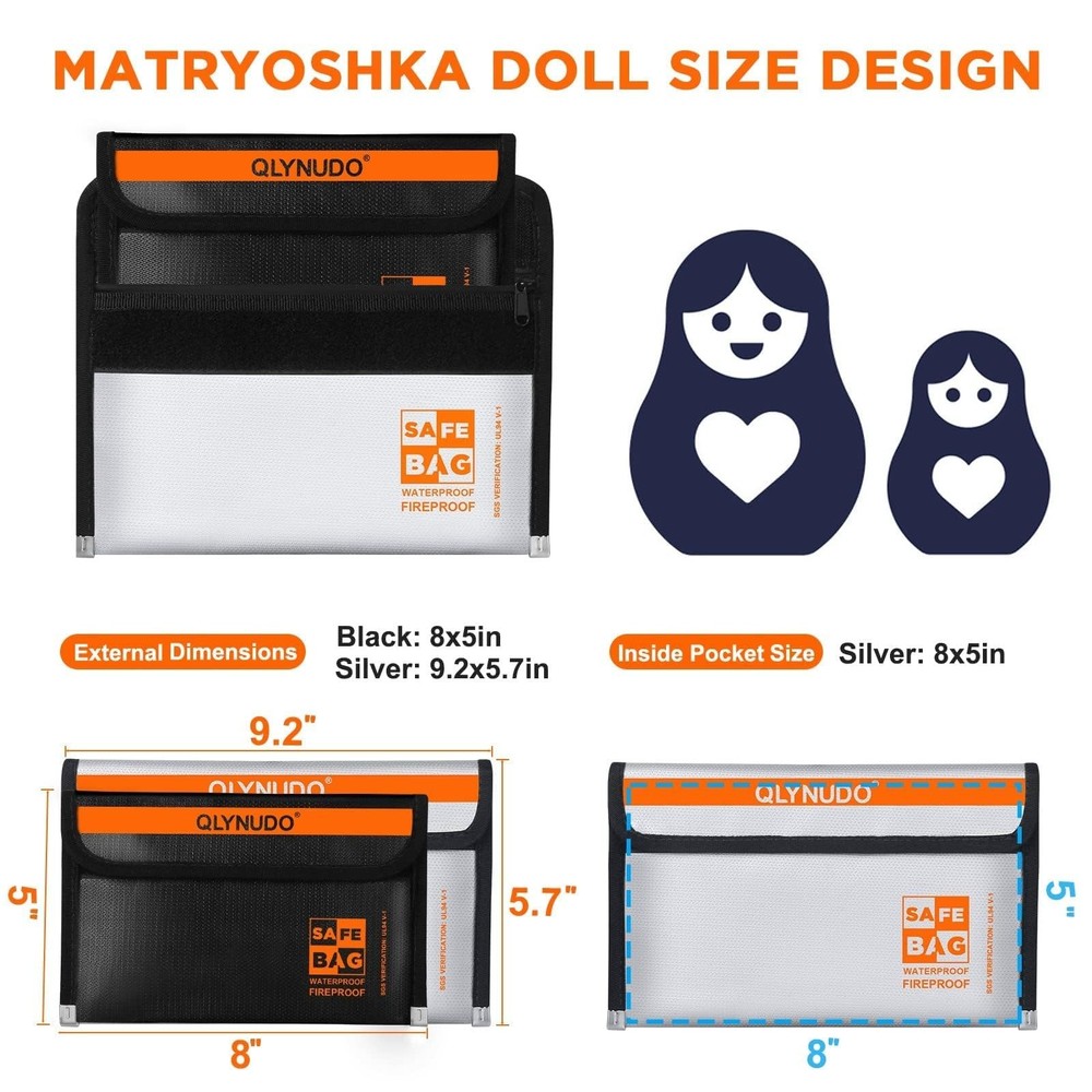 Small Fireproof Money Bag for Cash (8x5") - 2 Pack Basic, silver+black