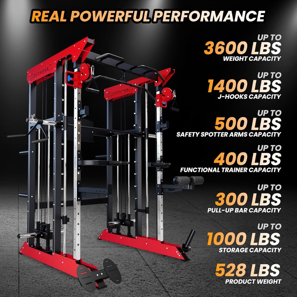 Power Cage Smith Machine - 3600lbs Multi-Functional Power Rack w/Cable Crossover