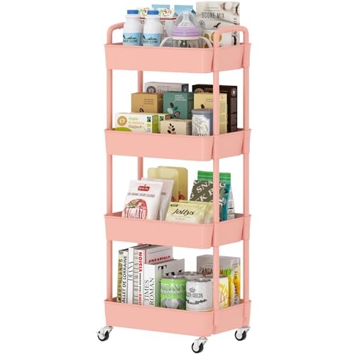 4-Tier Plastic Rolling Utility Cart with Handle, Multi-Functional 4-tier Pink